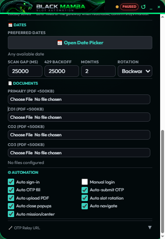 BLACK MAMBA dates and documents settings